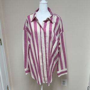 H&M Women’s Pink and White Striped Button-Up Shirt